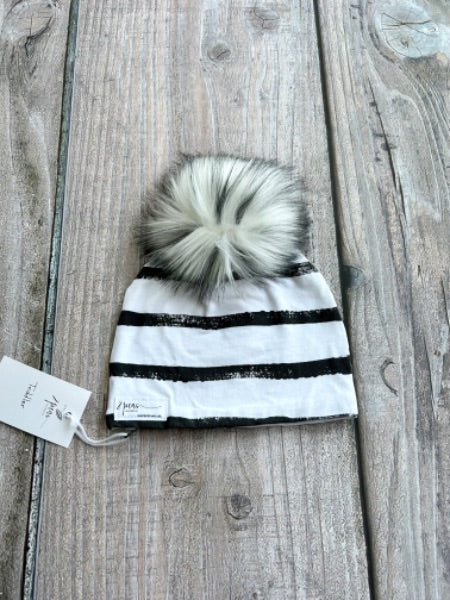 Small shop handcrafted toddler size (1-5yrs) pom pom hat, pom beanie, monochrome thick stripes print, new with tags