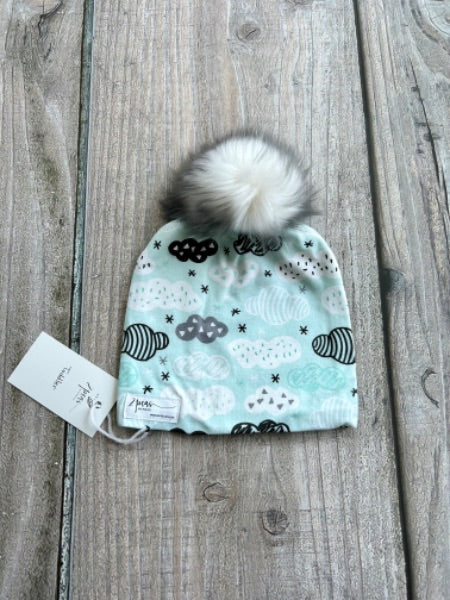 Small shop handcrafted toddler size (1-5yrs) pom pom hat, pom beanie, geo clouds print, new with tags