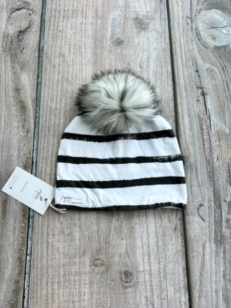 Small shop handcrafted junior/kids size (5yrs and up) pom pom hat, pom beanie, monochrome thick stripes, new with tags