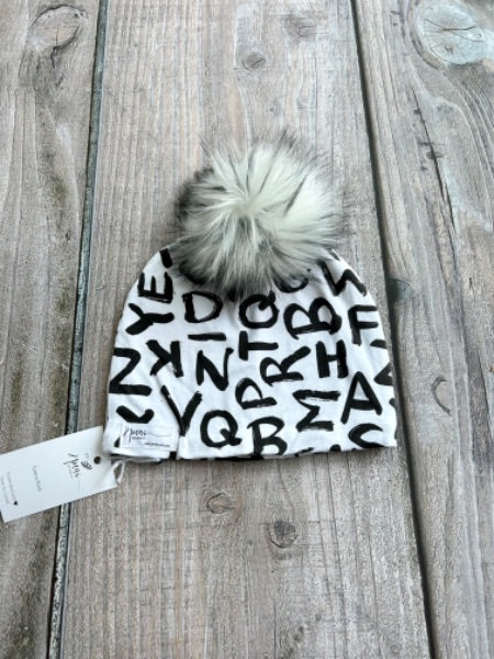 Small shop handcrafted junior/kids size (5yrs and up) pom pom hat, pom beanie, alphabet print, new with tags