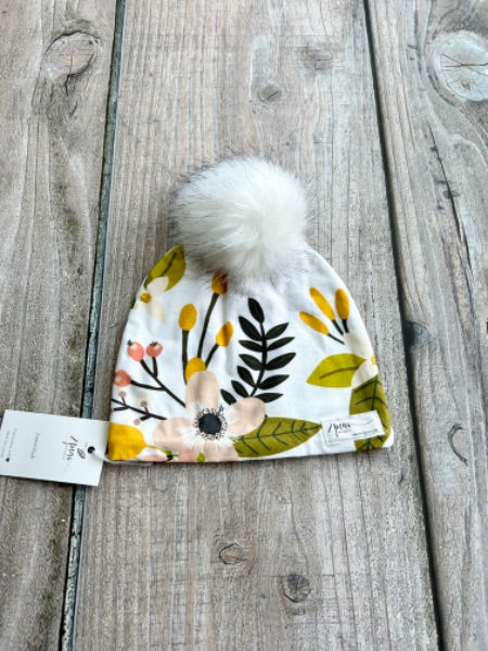 Small shop handcrafted junior/kids size (5yrs and up) pom pom hat, pom beanie, floral print, new with tags