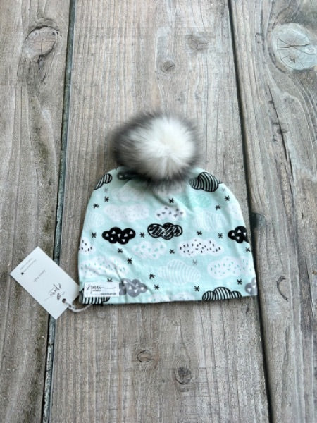 Small shop handcrafted junior/kids size (5yrs and up) pom pom hat, pom beanie, geo clouds print, new with tags