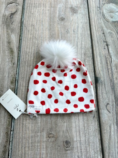 Small shop handcrafted junior/kids size (5yrs and up) pom pom hat, pom beanie, red holiday polka dots print, new with tags