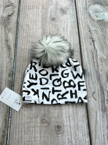 Small shop handcrafted junior/kids size (5yrs and up) pom pom hat, pom beanie, alphabet print, new with tags