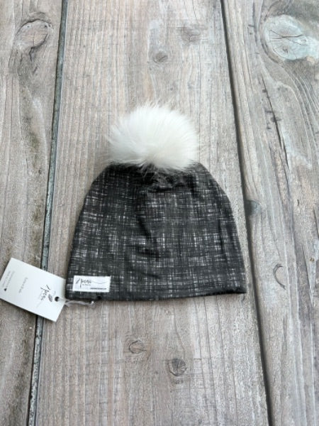 Small shop handcrafted junior/kids size (5yrs and up) pom pom hat, pom beanie, black dark wash print, new with tags