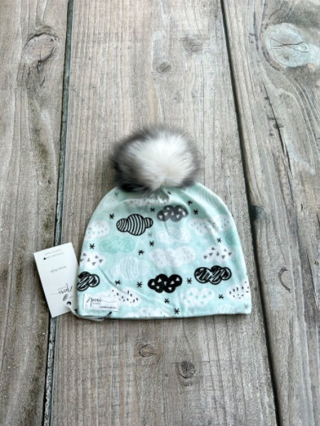 Small shop handcrafted junior/kids size (5yrs and up) pom pom hat, pom beanie, geo clouds print, new with tags