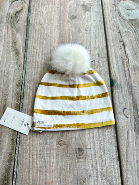 Small shop handcrafted junior/kids size (5yrs and up) pom pom hat, pom beanie, gold stripes print, new with tags