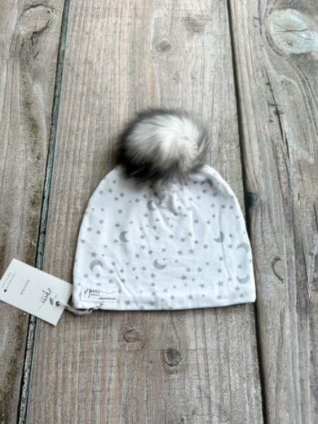 Small shop handcrafted junior/kids size (5yrs and up) pom pom hat, pom beanie, stars and moon print, new with tags