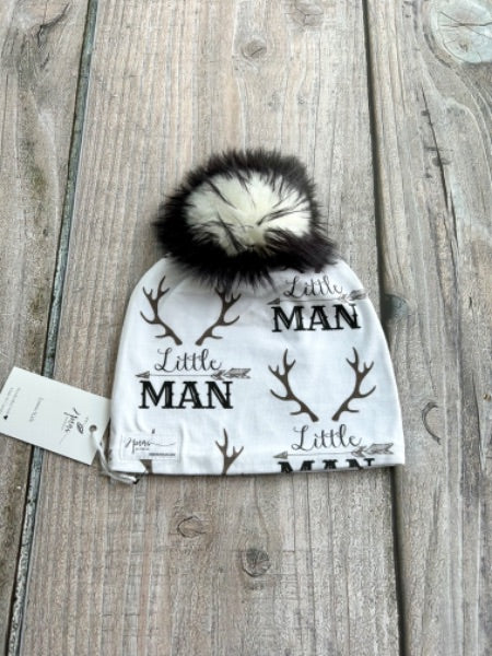 Small shop handcrafted junior/kids size (5yrs and up) pom pom hat, pom beanie, little man antlers print, new with tags