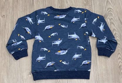 Boys Blue Crewneck Sweatshirt with Sharks eating pizza print from Carter’s, size 3T, Excellent Used Condition (EUC), Kids 3T