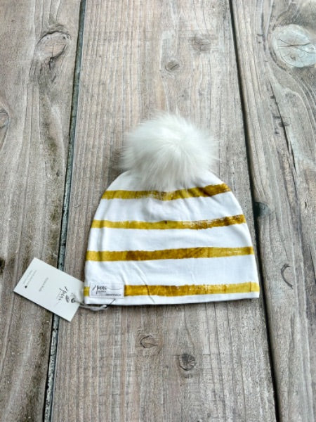 Small shop handcrafted junior/kids size (5yrs and up) pom pom hat, pom beanie, gold thick stripes print, new with tags