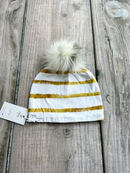 Small shop handcrafted junior/kids size (5yrs and up) pom pom hat, pom beanie, gold thick stripes print, new with tags