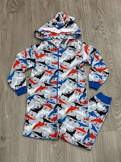 Shark Pattern Onesie Pajamas with Shark head hood - One Piece PJ, size 2/3, VGUC, Kids 2T