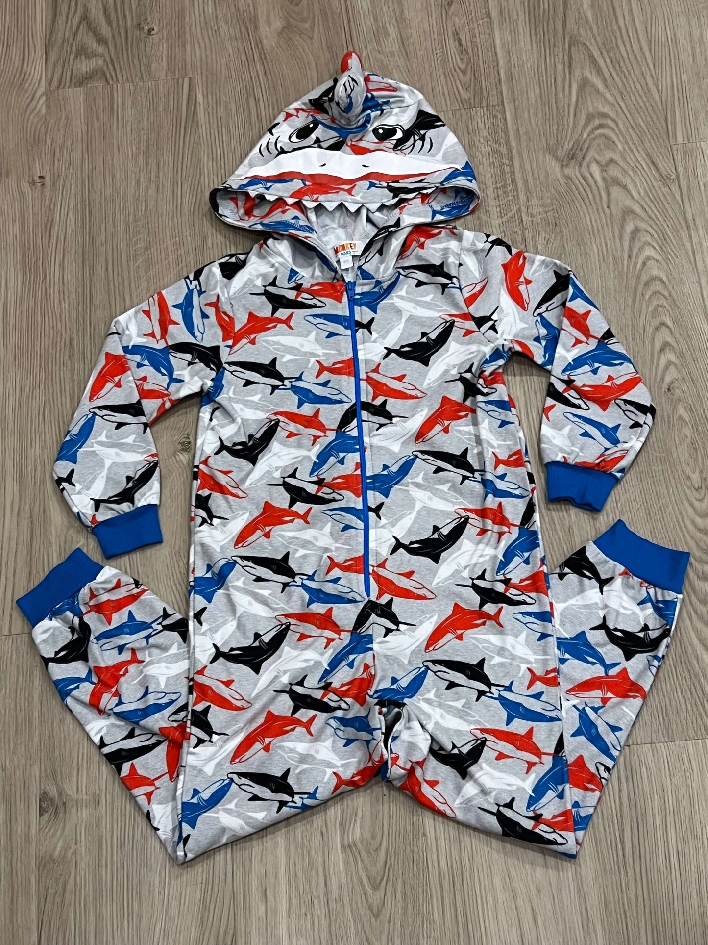 Shark Pattern Onesie Pajamas with Shark head hood - One Piece PJ, size 2/3, VGUC, Kids 2T