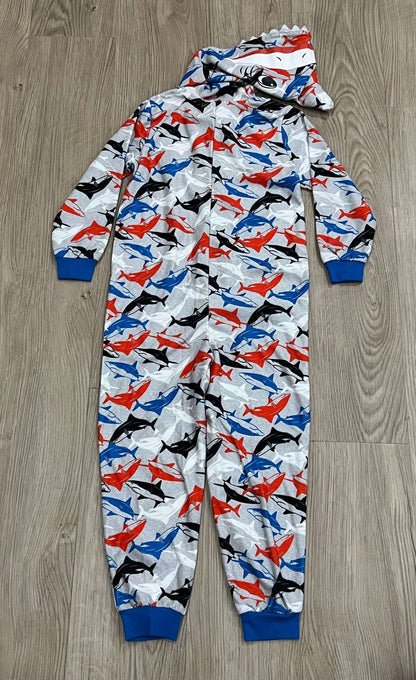 Shark Pattern Onesie Pajamas with Shark head hood - One Piece PJ, size 2/3, VGUC, Kids 2T