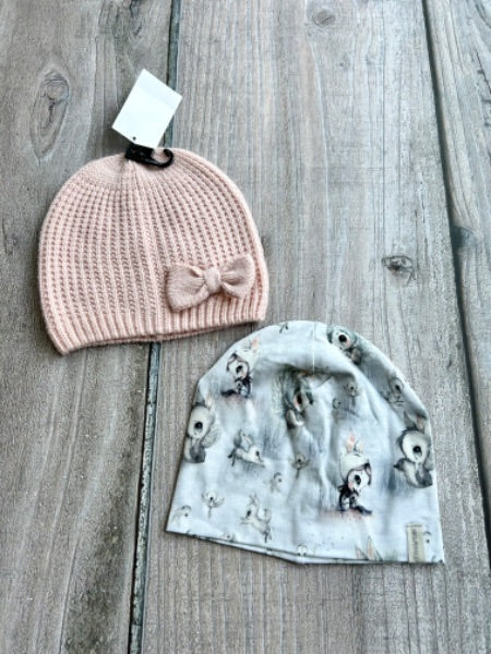 H&M girls size 2-4yrs light pink knit hat with bow and whimsical animals jersey beanie bundle, new, Kids 4/4T