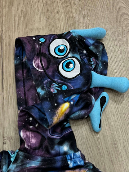 Space Theme Onsie Pajamas with Alien Hood, Monkey Bars brand, One piece PJ, size 4, VGUC, Kids 4/4T