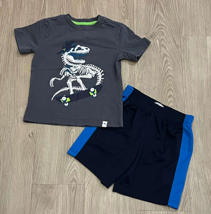Boys Dinosaur skateboarding T-shirt size XS (4) from Tommy Bahamas matched with blue athletic shorts from The Children's Place (TCP) size 4T, VGUC, Kids 4/4T