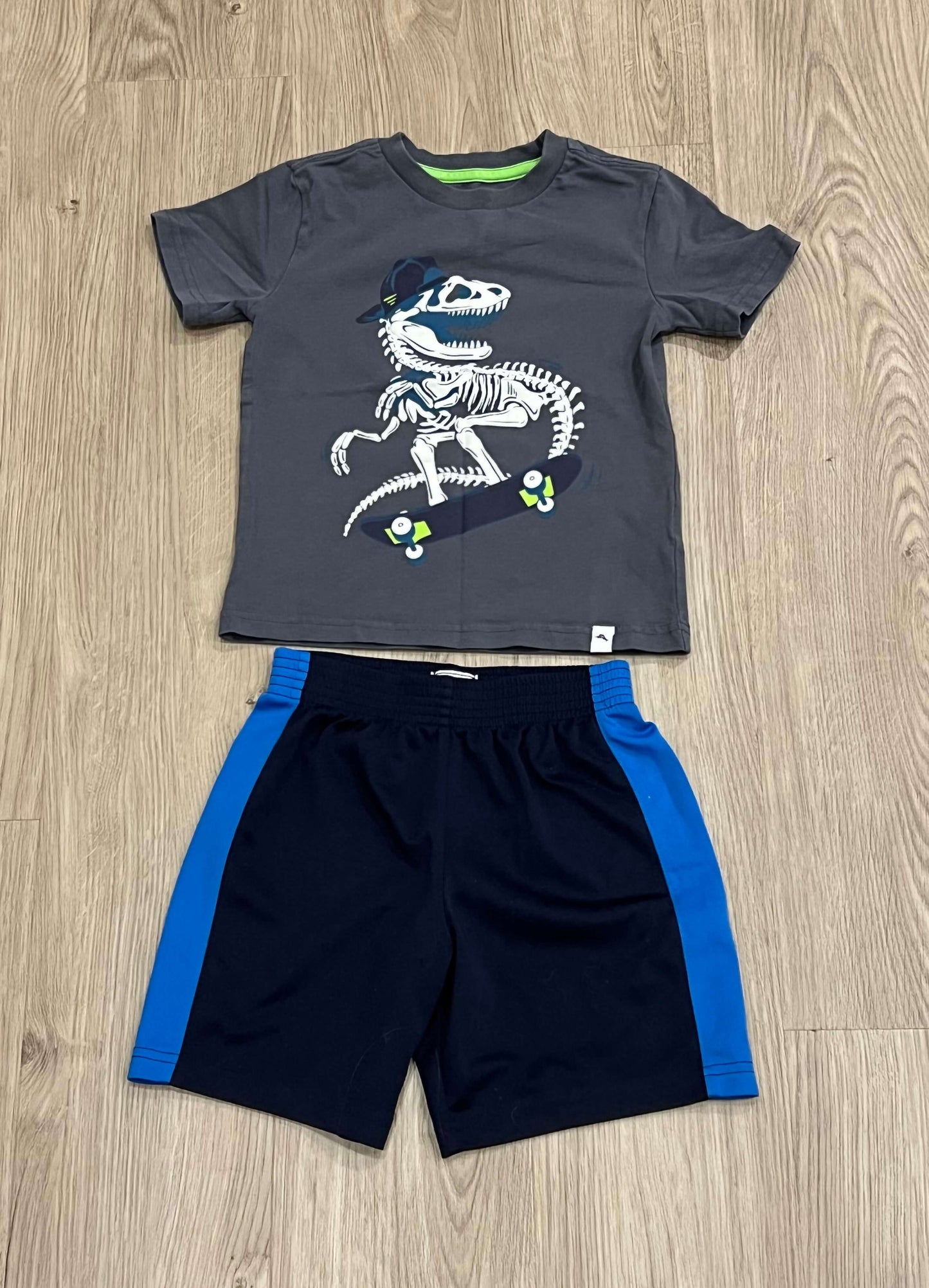 Boys Dinosaur skateboarding T-shirt size XS (4) from Tommy Bahamas matched with blue athletic shorts from The Children's Place (TCP) size 4T, VGUC, Kids 4/4T