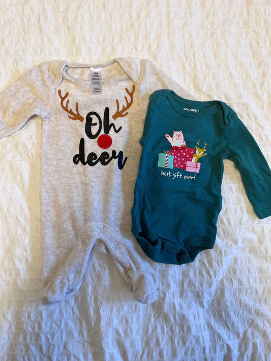 2 x holiday onesies, 0-3 mo, Kids 3 Month (0-3M)