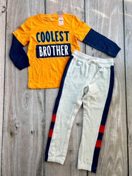 Carter’s boys size 7 coolest brother long sleeve top & Osh Kosh size 7 fleece lined colour block sweatpants, new with tags, Kids 7 & 8 (small)