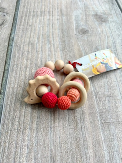 Kolorovi small shop handmade baby teething toy, wooden ring with hedgehog and yarn beads, natural, pinks, new