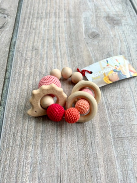 Kolorovi small shop handmade baby teething toy, wooden ring with hedgehog and yarn beads, natural, pinks, new