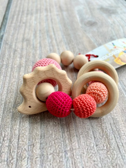 Kolorovi small shop handmade baby teething toy, wooden ring with hedgehog and yarn beads, natural, pinks, new
