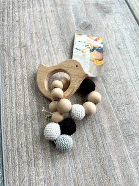 Kolorovi small shop handmade baby teething toy with baby bird, wooden ring with yarn beads, natural, grey white black, new