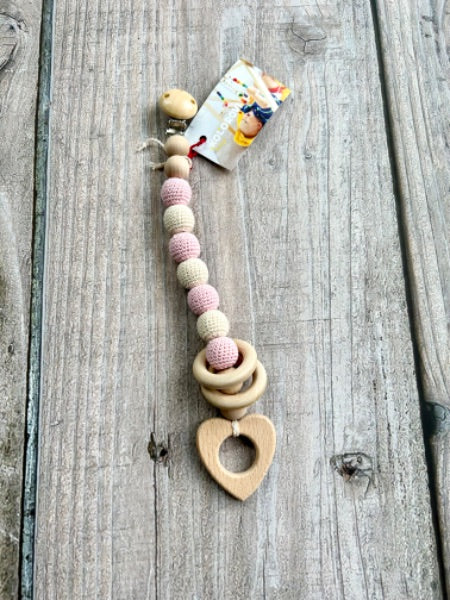 Kolorovi small shop handmade baby teething toy, wooden pacifier clip with heart and yarn, light pink, cream, new