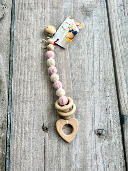 Kolorovi small shop handmade baby teething toy, wooden pacifier clip with heart and yarn, light pink, cream, new