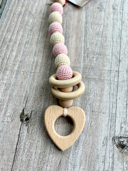 Kolorovi small shop handmade baby teething toy, wooden pacifier clip with heart and yarn, light pink, cream, new