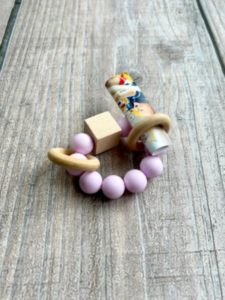 Kolorovi small shop handmade baby teething toy, wooden ring with lavender beads and cube, natural, light purple, new