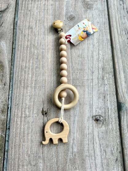 Kolorovi small shop handmade baby teething toy, wooden pacifier clip with elephant, natural wood, new
