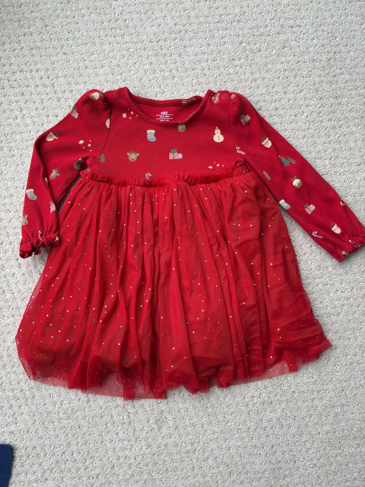 NEW -M&S 🇬🇧 - Red dress with Christmas motif, 18-24m, Kids 24 Month (18-24M)