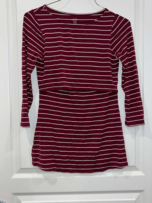 VGUC, Soft 3/4 length sleeve Burgundy with white stripes Nursing Top from GAP, size XS/X-Small. (Postpartum), Maternity XS (0-2)
