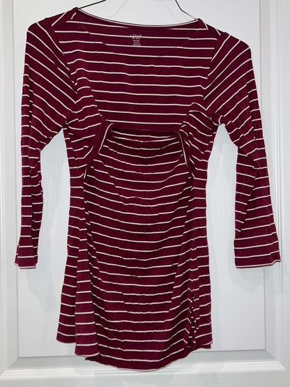 VGUC, Soft 3/4 length sleeve Burgundy with white stripes Nursing Top from GAP, size XS/X-Small. (Postpartum), Maternity XS (0-2)
