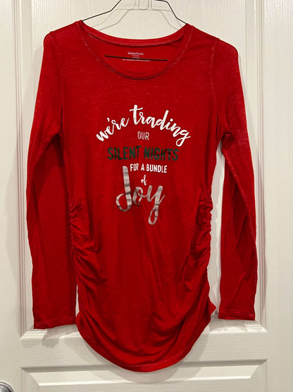 Motherhood Maternity, L/S Red Shirt “We’re Trading Our Silent Nights for a Bundle of Joy”, size Medium, VGUC, Maternity M (8-10)