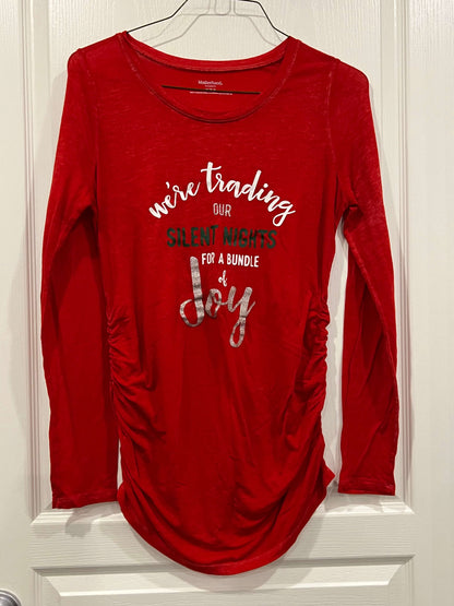 VGUC, L/S Red Shirt “We’re Trading Our Silent Nights for a Bundle of Joy”, size Medium, Maternity M (8-10)