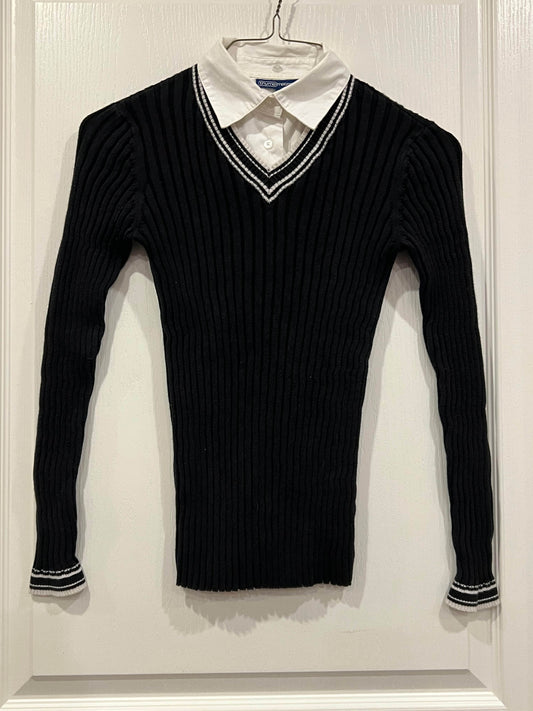 Black L/S V-neck Ribbed Shirt with White Dress Collar from Thyme Maternity Adjustable Length, size Medium, Very Good Used Condition (VGUC), Maternity M (8-10)