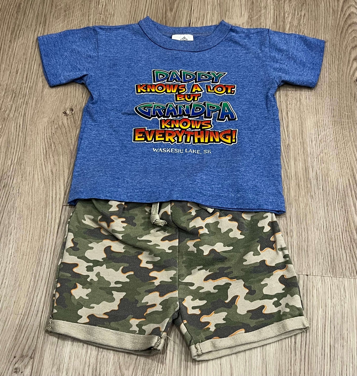 Boys Blue “Daddy Knows A lot, But Grandpa Knows Everything” T-Shirt, size 24 mos & Camo Shorts, size 2, Very Good Used Condition (VGUC), Kids 24 Month (18-24M)