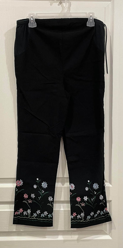 Black Maternity pants with embroidery detail on lower legs, approx size Small, Very Good Used Condition (VGUC), Maternity S (4-6)
