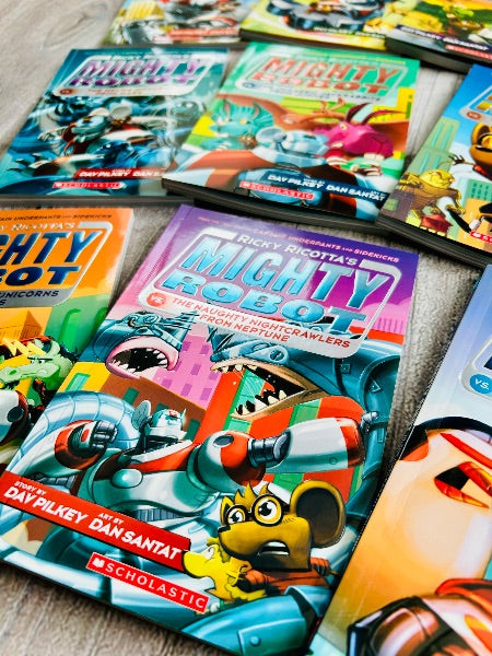 Ricky Ricotta’s Mighty Robot books 1-9 set by Dav Pilkey, excellent-excellent used condition