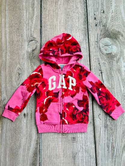 BabyGap size 2T girls pink floral logo zip up hoodie, zip up sweater, like new, Kids 2T