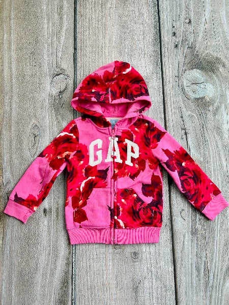 BabyGap size 2T girls pink floral logo zip up hoodie, zip up sweater, like new, Kids 2T