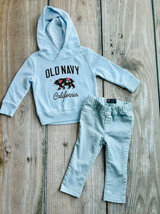 Old Navy size 3T girls light blue floral logo hoodie, hooded sweater and Gap Kids size 3T denim jeggings crop, Kids 3T
