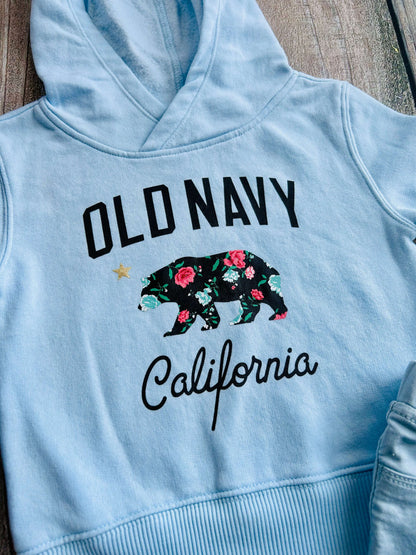Old Navy size 3T girls light blue floral logo hoodie, hooded sweater and Gap Kids size 3T denim jeggings crop, Kids 3T
