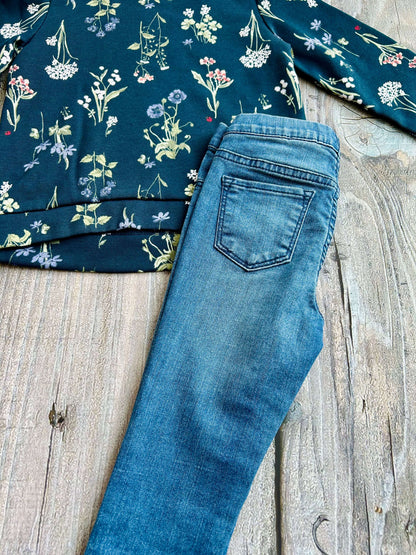 H&M size 2-4yrs girls floral botanical crewneck sweater top and H&M size 3-4yrs denim jean leggings, like new, Kids 4/4T