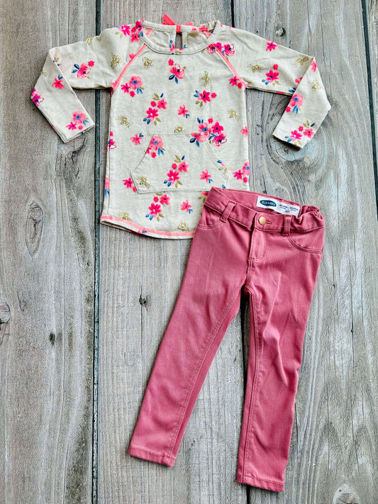 Osh Kosh size 3T floral tunic top and Old Navy size 3T soft ballerina jeggings, like new, Kids 3T