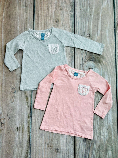 BabyGap size 2T & 3T girls crochet lace pocket tops bundle, grey and light pink, Kids 2T